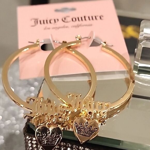 Juicy Couture Logo Drop Heart Crown Hoop Earrings - Picture 3 of 6